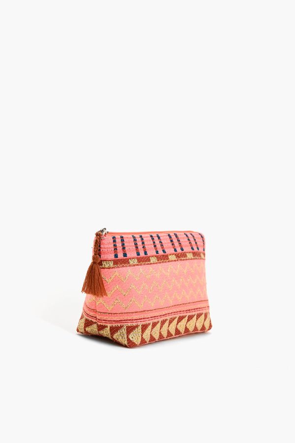 Handwoven Pink and Gold Jacquard Cosmetic Pouch - Image 2