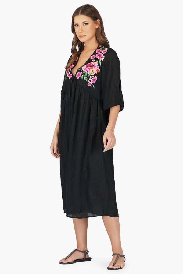 Mexican Floral Embroidered Viscose Dress - Image 3