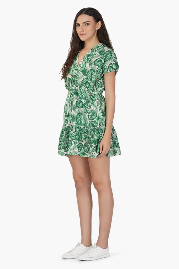 Green Palm Printed Short Dress - Image 2
