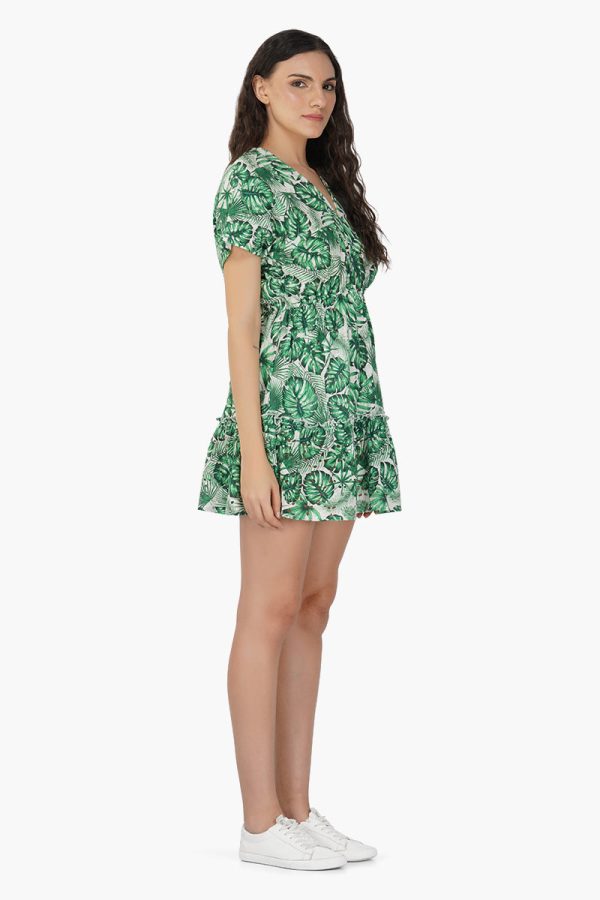 Green Palm Printed Short Dress - Image 3