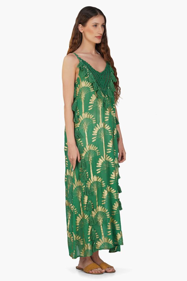 Pine Green Palm Tassel Foil Maxi Dress - Image 2