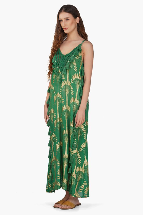 Pine Green Palm Tassel Foil Maxi Dress - Image 3