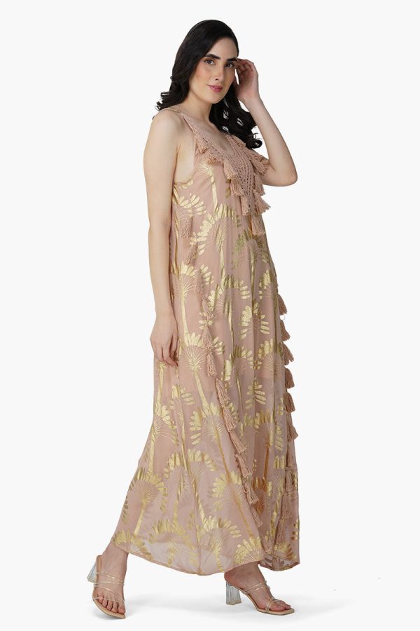 Golden Taupe Foil Printed Strap Maxi Dress - Image 2