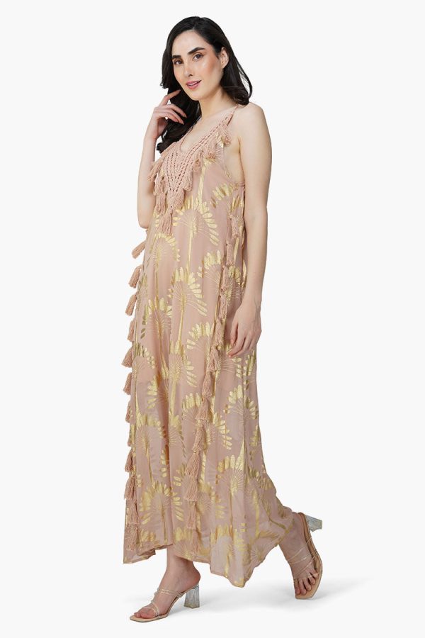 Golden Taupe Foil Printed Strap Maxi Dress - Image 3