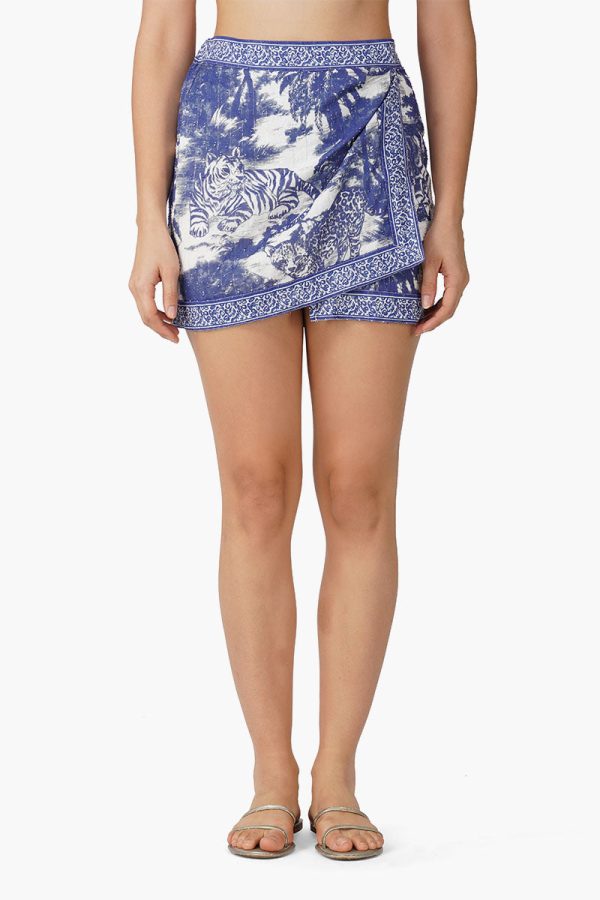 Midnight Blue Jungle Printed Overlap Short Skirt - Image 3