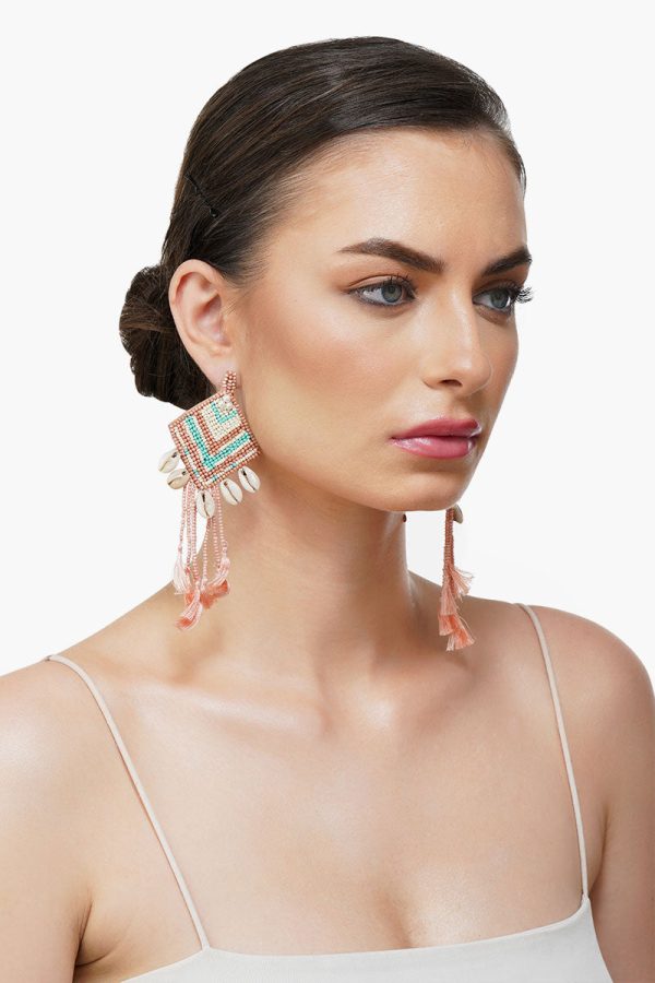 Rose Beaded Tassel Shell Earrings - Image 2