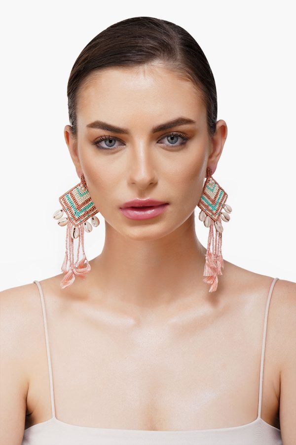 Rose Beaded Tassel Shell Earrings - Image 3