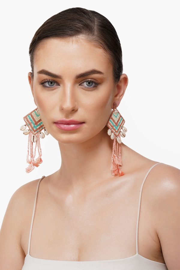 Rose Beaded Tassel Shell Earrings - Image 4