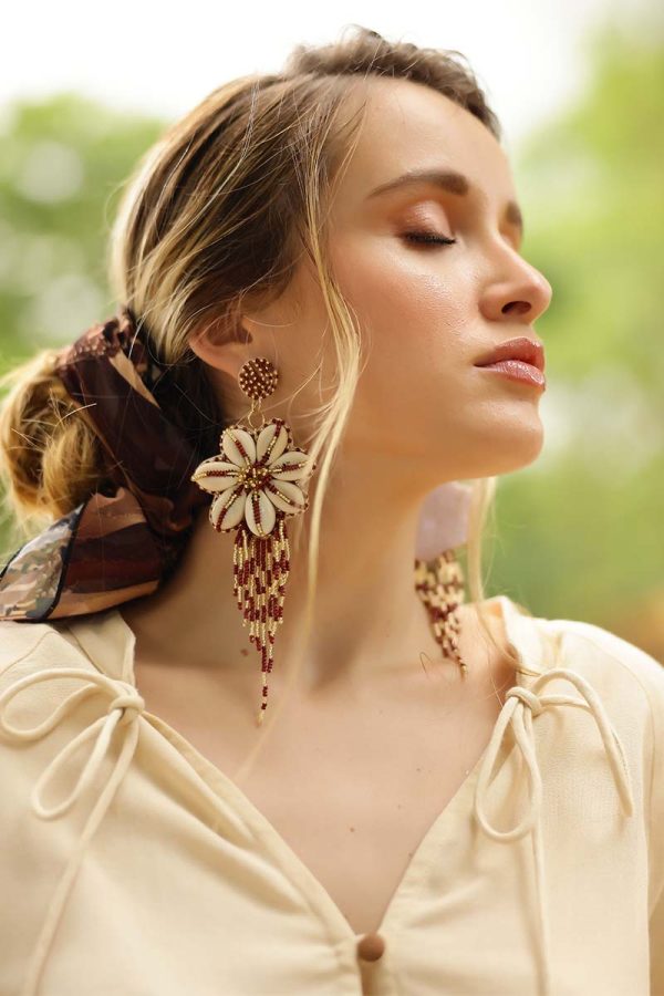 Floral Seashell Beaded Tassel Earrings - Image 2