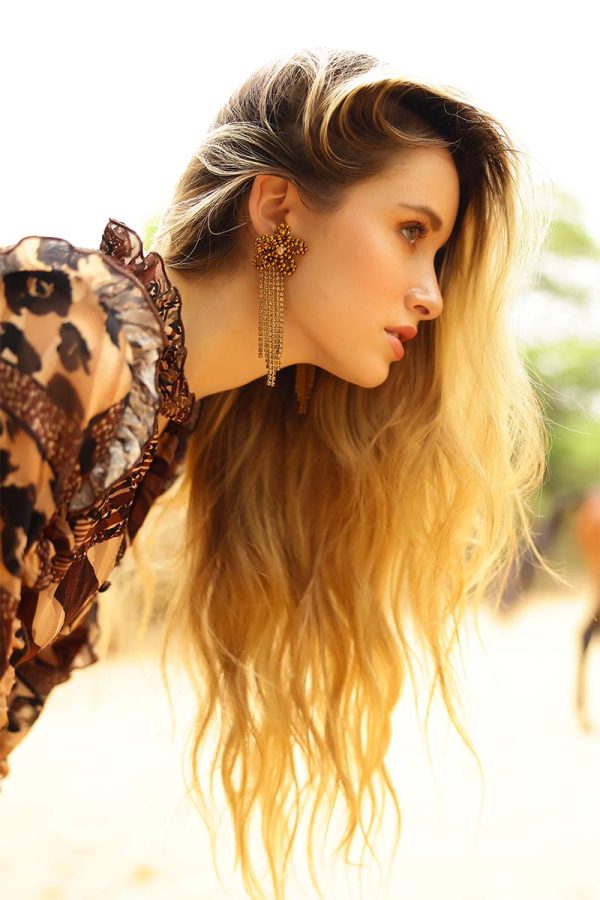Golden Floral Tassel Earrings - Image 2