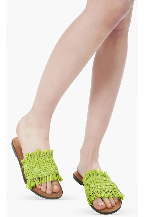 Neon Green Raffia Slide Sandals - Image 2